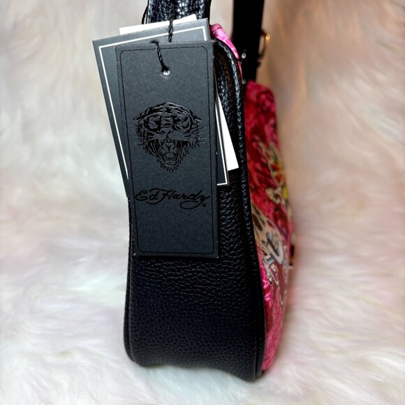 NEW Ed Hardy Hobo Shoulder Bag Skull Butterfly Print Pink Black - Picture 5 of 7
